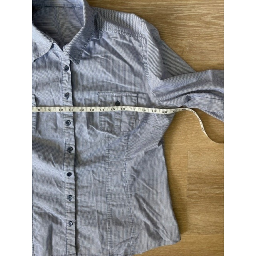 Blue‎ White Striped Button Down Shirt 3/4 Roll Tab Sleeve Stretch Top Large - Picture 5 of 6